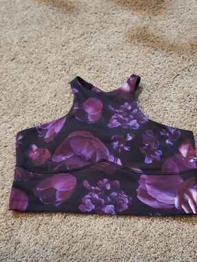 Purple Floral High-Neck Razorback Sports Bra